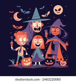 In dieser flachen Vektorillustration entfaltet sich eine unheimliche Szene. Eine grinsende Zombie-Familie, komplett mit unpassender Kleidung und Maschen, genießt Halloween-Nacht. 