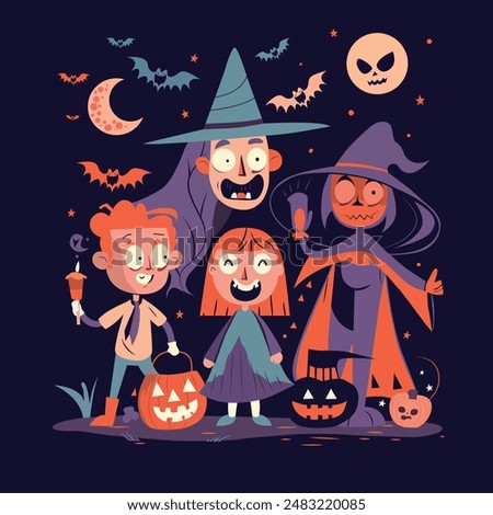 A kooky scene unfolds in this flat vector illustration. A grinning zombie family, complete with mismatched clothes and stitches, enjoys Halloween night. 