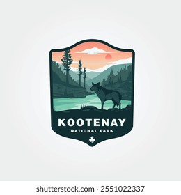 desenho ilustrativo do logotipo do parque nacional de kootenay, lobo selvagem em frente ao rio