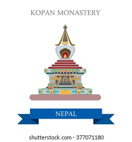 Kopan Monastery in Kathmandu Nepal. Flat cartoon style historic sight showplace attraction web site vector illustration. World countries cities vacation travel sightseeing Asia collection.