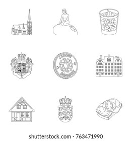 Kopeck, money, crown, and other web icon in outline style.Attributes,country, Denmark icons in set collection.