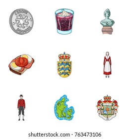 Kopeck, money, crown, and other web icon in cartoon style.Attributes,country, Denmark icons in set collection.