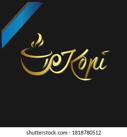 KOPI Typography. coffee typography logo illustration with gold KOPI text on black background