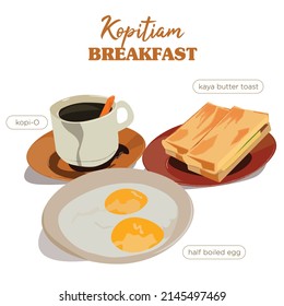 Kopitiam style breakfast set. Traditional oriental style coffee, half boiled eggs and kaya butter toast set . Malaysian style breakfast. Breakfast flat vector illustration. Vintage style breakfast.