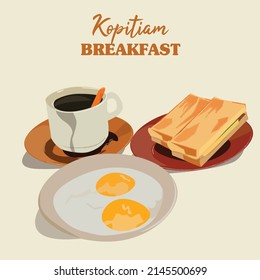 Desayuno de estilo kopitiam. Café tradicional de estilo oriental, huevos a la mitad cocidos y tostadas con mantequilla de kaya. Desayuno de estilo malasio. Ilustración vectorial plana de desayuno. Desayuno de estilo vintage.