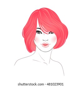Koran beauty. Fashion illustration. Hairstyle, dyed red hair. Hand drawn vector art isolated on white. Skincare, professional hairdressing, beauty salon concept.
