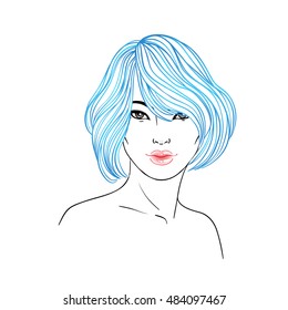 Koran beauty. Fashion illustration. Hairstyle, dyed blue hair. Hand drawn vector art isolated on white. Skincare, professional hairdressing, beauty salon concept. Coloring book for kids and adults.
