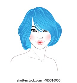 Koran beauty. Fashion illustration. Hairstyle, dyed blue hair. Hand drawn vector art isolated on white. Skincare, professional hairdressing, beauty salon concept.