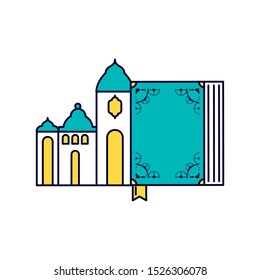 koran book with mosque castle ramadan kareem vector illustration design