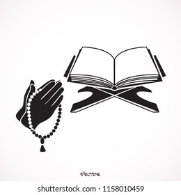 Koran islam religion book pattern isolated on light background. Hands holding a Muslim rosary. Vector icon. 