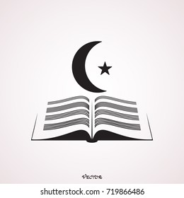  koran, an islamic crescent moon and star, flat style, icon, isolated on white