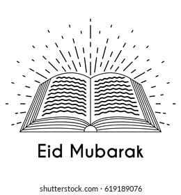 Koran with Sun Rays. God light. Greeting lettering Eid Mubarak. Festive vector illustration for the celebration of holy month Ramadan. Thin line art design