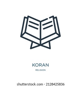 koran thin line icon. islamic, mosque linear icons from religion concept isolated outline sign. Vector illustration symbol element for web design and apps.
