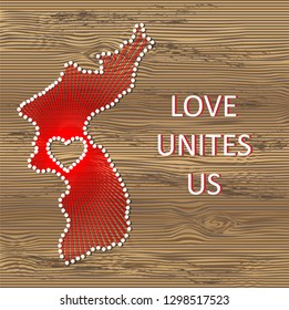 Korea art vector map with heart. String art, yarn and pins on wooden board texture. Love unites us. Message of love.