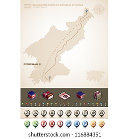 Korea and Asia maps, plus extra set of isometric icons & cartography symbols set