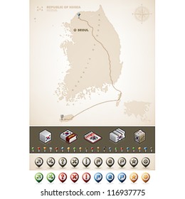 Korea and Asia maps, plus extra set of isometric icons & cartography symbols set