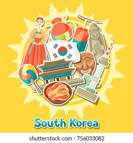 Korea background design. Korean traditional sticker symbols and objects.