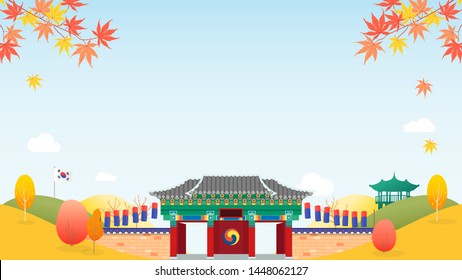 Korea Background vector illustration. Colorful autumn mountains, traditional Korean gate with copy space