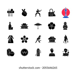 Korea black glyph icons set on white space. N Seoul tower. Gayageum instrument, Gyeongbok palace. Sujeo utensils. Kimchi dish. Asian culture. Silhouette symbols. Vector isolated illustration