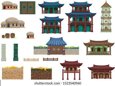 Korea Building For Tourist Destination  Icons Vector Illustration.