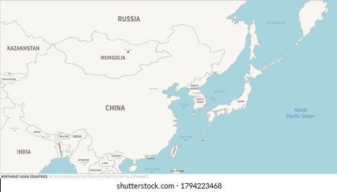 Korea, China, Japan Map. Northeast Asian Countries Map. Detailed World Map Vector With Country,Capital,City Names.