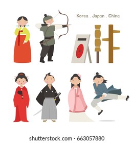 Diseño plano de ilustración vectorial de carácter de guerrero de Corea China Japón