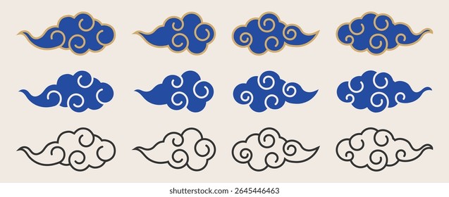 Korea Chinese Japan cloud traditional icon vector design set isolated with line art style in blue and gold colors