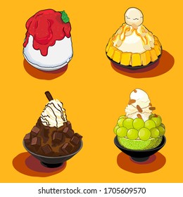 Korea Dessert Bingsu 4 flavor such as Strawberry, Mango, Chocolate Brownie and Melon. Vector Illustration.