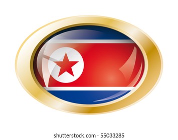 Korea DPR shiny button flag with golden ring vector illustration. Isolated abstract object against white background.