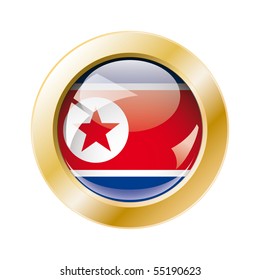 Korea DPR shiny button flag with golden ring vector illustration. Isolated abstract object against white background.