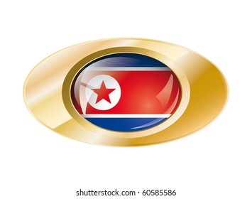 Korea DPR shiny button flag with golden ring vector illustration. Isolated abstract object against white background.