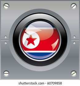 Korea DPR shiny button flag vector illustration. Isolated abstract object on metal background.