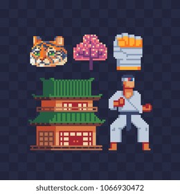 Korea elements of national culture pixel art 80s style icons Part 1, fighter oriental martial arts character, Asian traditional house pagoda isolated illustration. Design logo, app, sticker. 8-bit.