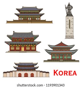 Korea famous architecture and historic traditional buildings facades. Vector palaces of Changdeokgung or Changdeok, Deoksugung or Deoksu, Gwanghwamun gates and Yi Sun-sin monument in Seoul