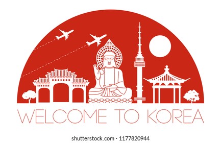 Korea famous landmark silhouette in half circle shape with red color style,travel and tourism,vector illustration