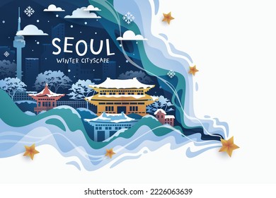 Korea famous landmarks travel banner in winter