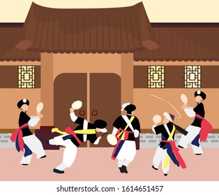Korea farmers dance at the Old Architecture korean building