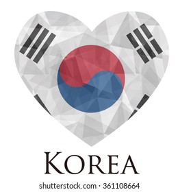 Korea flag shape heart in geometric rumpled triangular low poly origami style graphic illustration,mosaic polygonal style.Symbol of love to country.Retro or vintage style background.