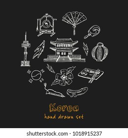 Korea Hand drawn doodle set. Vector illustration. Isolated elements on black background. Symbol collection.