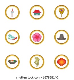 Korea icons set. Cartoon set of 9 Korea vector icons for web isolated on white background