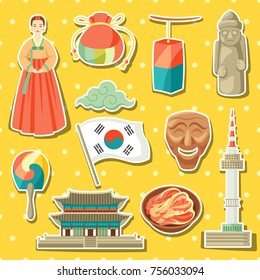 Korea icons set. Korean traditional sticker symbols and objects.