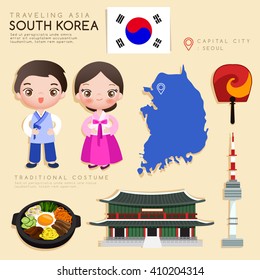 Korea : Infographic With Traditional Costume And Tourist Attractions : Vector Illustration EPS10