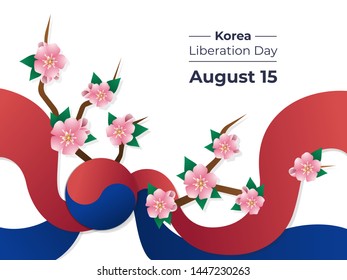 Korea Liberation Day in Korea, 15 August, colorful vector illustration with the flag and cherry tree for web and printing.