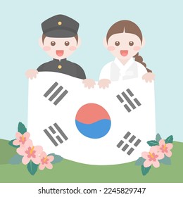 Korea Liberation Day. People in hanbok celebrate by waving Taegeukgi. Liberation Day.