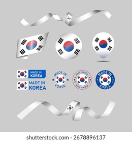 Korea made in logo. Set of design flags label icon, stripes, ribbons
