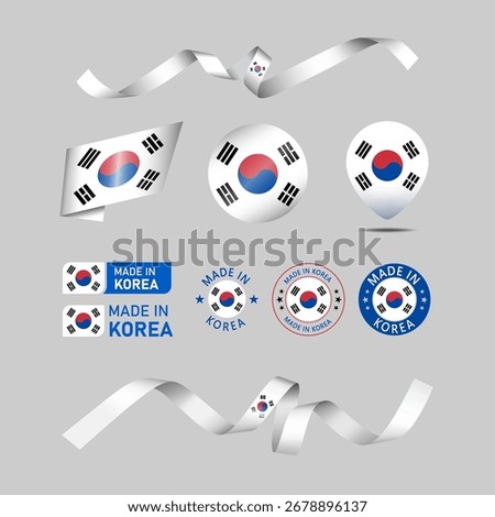 Korea made in logo. Set of design flags label icon, stripes, ribbons