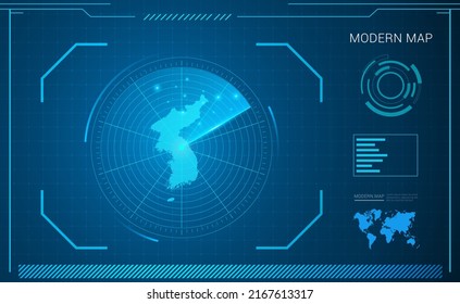 Mapa coreano del vector de radar de tecnología de marco digital azul HUD, GUI, interfaz de interfaz de usuario.