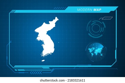 Korea map of blue digital frame HUD, GUI, UI interface technology radar vector.