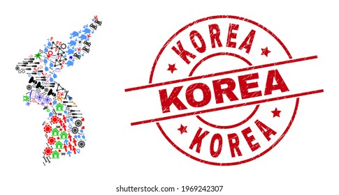 Korea map collage and dirty Korea red round stamp imitation. Korea seal uses vector lines and arcs. Korea map collage contains helmets, houses, showers, bugs, stars, and more icons.