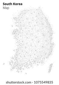 Ilustración de mapa de Corea en estilo de red de tecnología blockchain aislado en fondo blanco. técnica de líneas de red conectadas de punto a punto de polígono de cadena de bloques. Concepto de negocio de fintech de criptodivisa